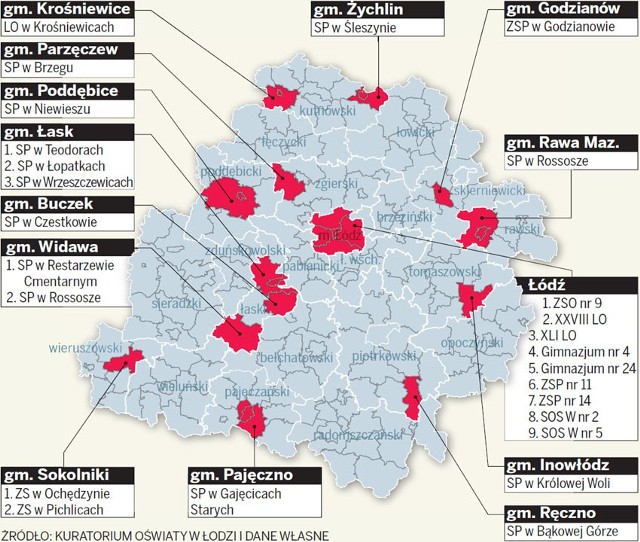 Mapa szkół do zamknięcia powstała na podstawie danych z kuratorium oraz informacji reporterów Dziennika Łódzkiego o planach samorządów