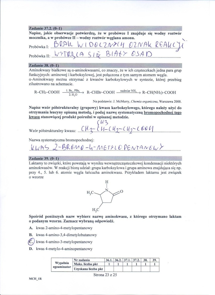 Matura chemia 2019 Odpowiedzi, Arkusz CKE. Chemia organiczna i pozostałe zagadnienia 13 05 (Matura z chemii rozszerzenie)
