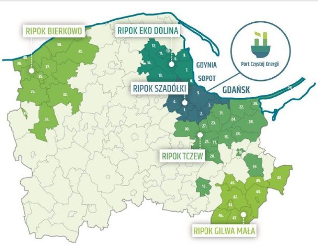 Gminy, które zadeklarowały przekazywanie odpadów do regionalnej spalarni w Gdańsku (stan na listopad 2015)