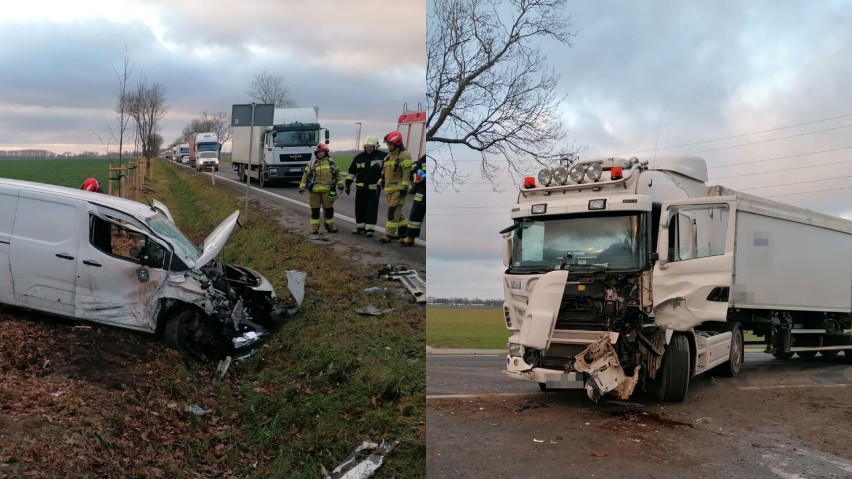 Wypadek na DK 32 w Kotowie. Zderzenie samochodu osobowego i ciężarówki