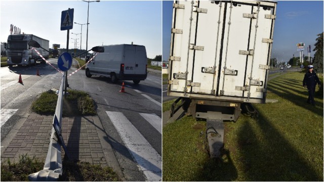 Policjanci ruchu drogowego oraz strażacy z jednostki ratowniczo-gaśniczej z Tarnowa zabezpieczali niecodzienną kolizję