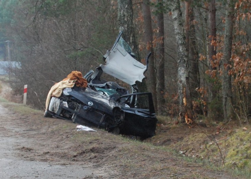Wypadek w Bieszkowicach. Nissan uderzył w drzewo