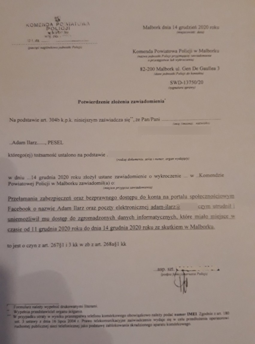 Malbork. Radny Adam Ilarz zawiadomił policję po tym, jak jego konta w internecie zostały przejęte przez hakera
