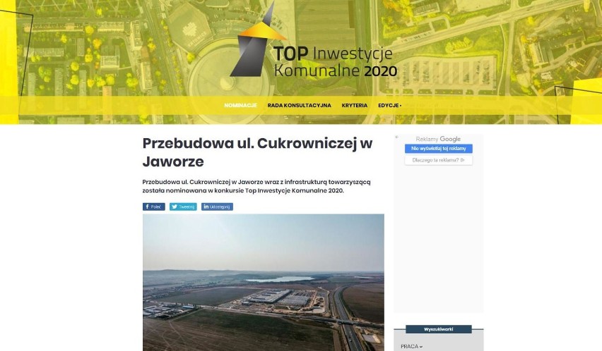 Przebudowa ul. Cukrowniczej w Jaworze w czołówce Top Inwestycji Komunalnych 2020