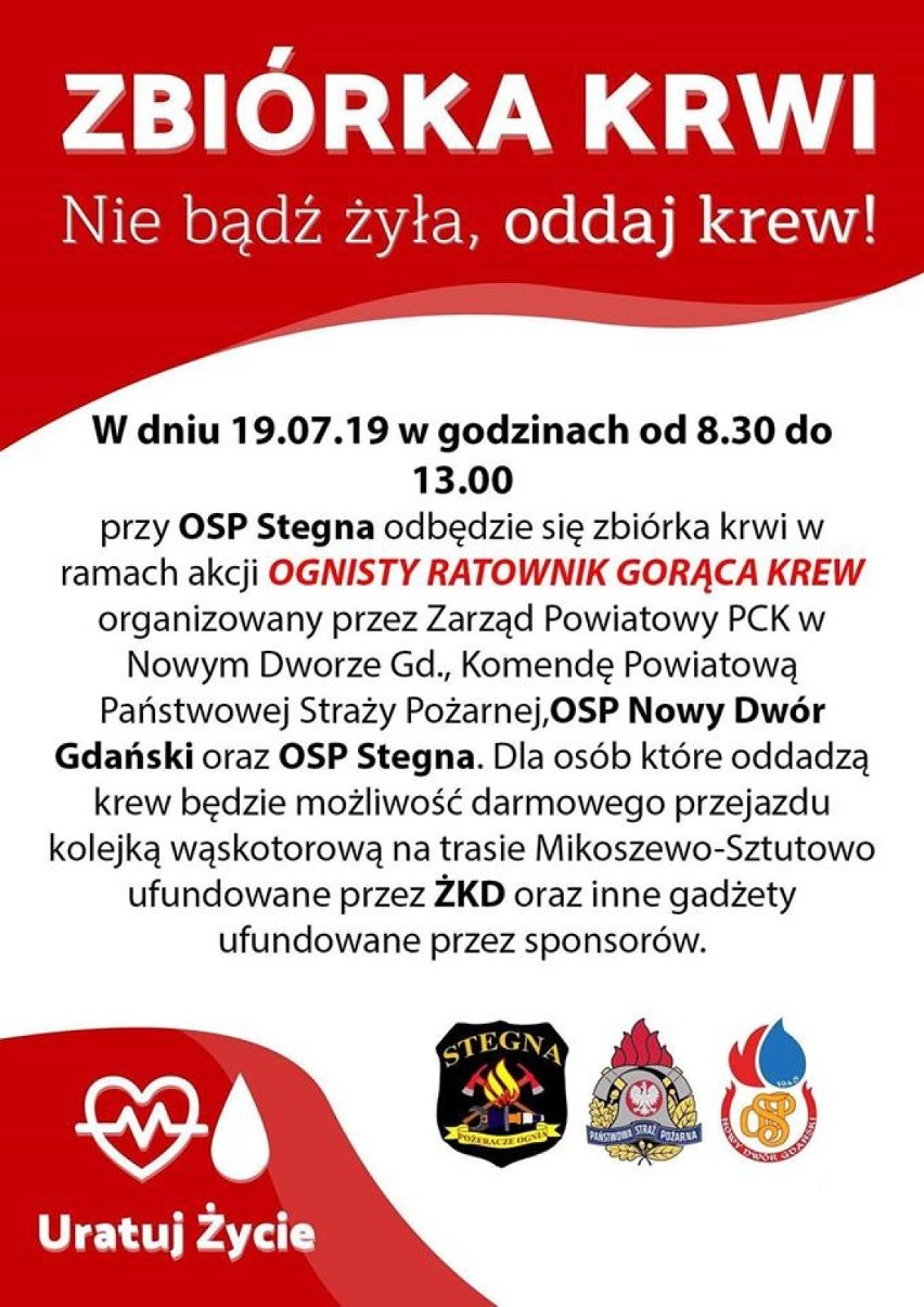 Żuławska Kolej Dojazdowa wspiera strażaków. Zbiórka krwi  w Stegnie przy OSP - 19.07.2019