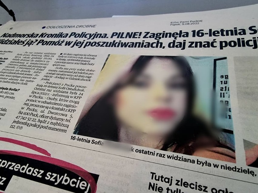 ODNALEZIONA: Zaginęła 16-letnia Sofia. Widziałeś ją? Daj znać policji! | Nadmorska Kronika Policyjna