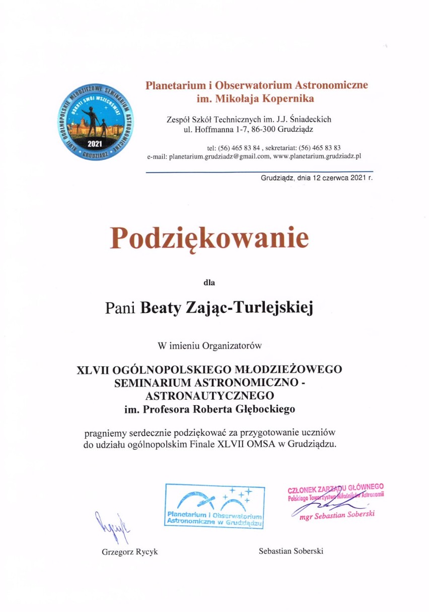 Uczeń I LO w Radomsku finalistą XLVII Ogólnopolskiego Seminarium Astronomiczno-Astronautycznego