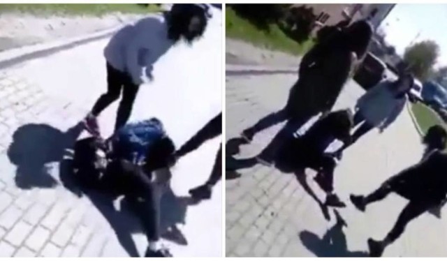 Kadr z filmu, na którym dwie nastolatki brutalnie biją koleżankę przed gimnazjum na gdańskim Chełmie