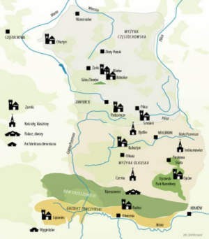 Mapa atrakcji krajobrazowych Jury Krakowsko - Częstochowskiej.