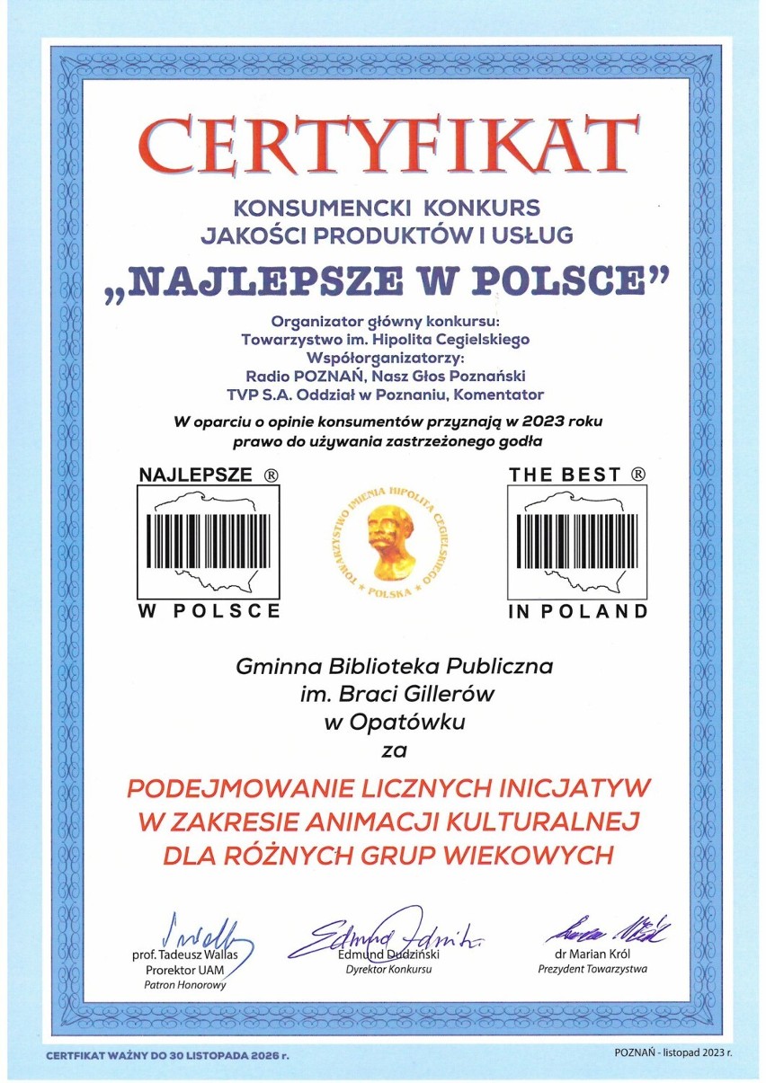 Biblioteka w Opatówku z certyfikatem "Najlepsze w Polsce" - "The Best in Poland” 