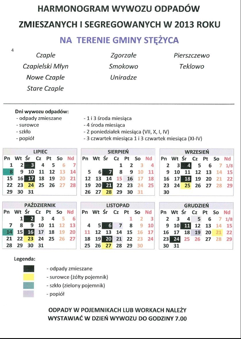 Terminy wywozu odpadów w gminie Stężyca