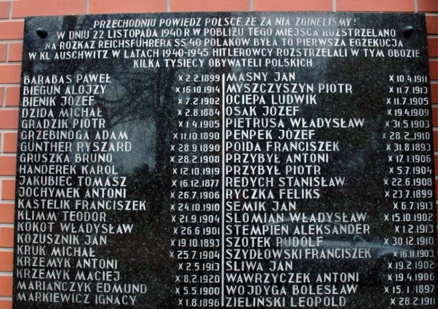 Tablica na murze kościoła pw. Miłosierdzia Bożego na os. Pileckiego w Oświęcimiu przypomina o pierwszej masowej egzekucji dokonanej przez Niemców na więźniach KL Auschwitz