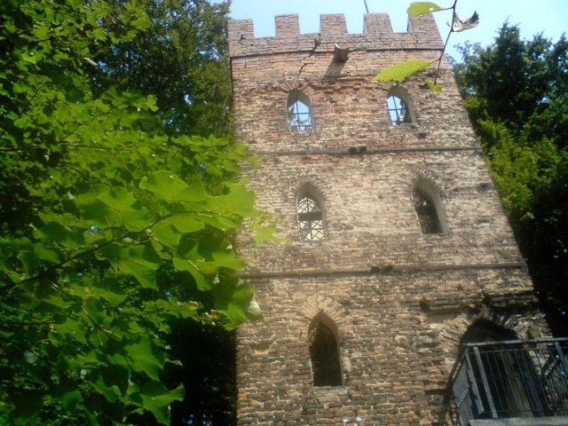 Wieża będąca pozostałością po zamku w wodzisławskim romantycznym lesie miejskim na Grodzisku z roku 1867 - symbol Wodzisławia Śląskiego