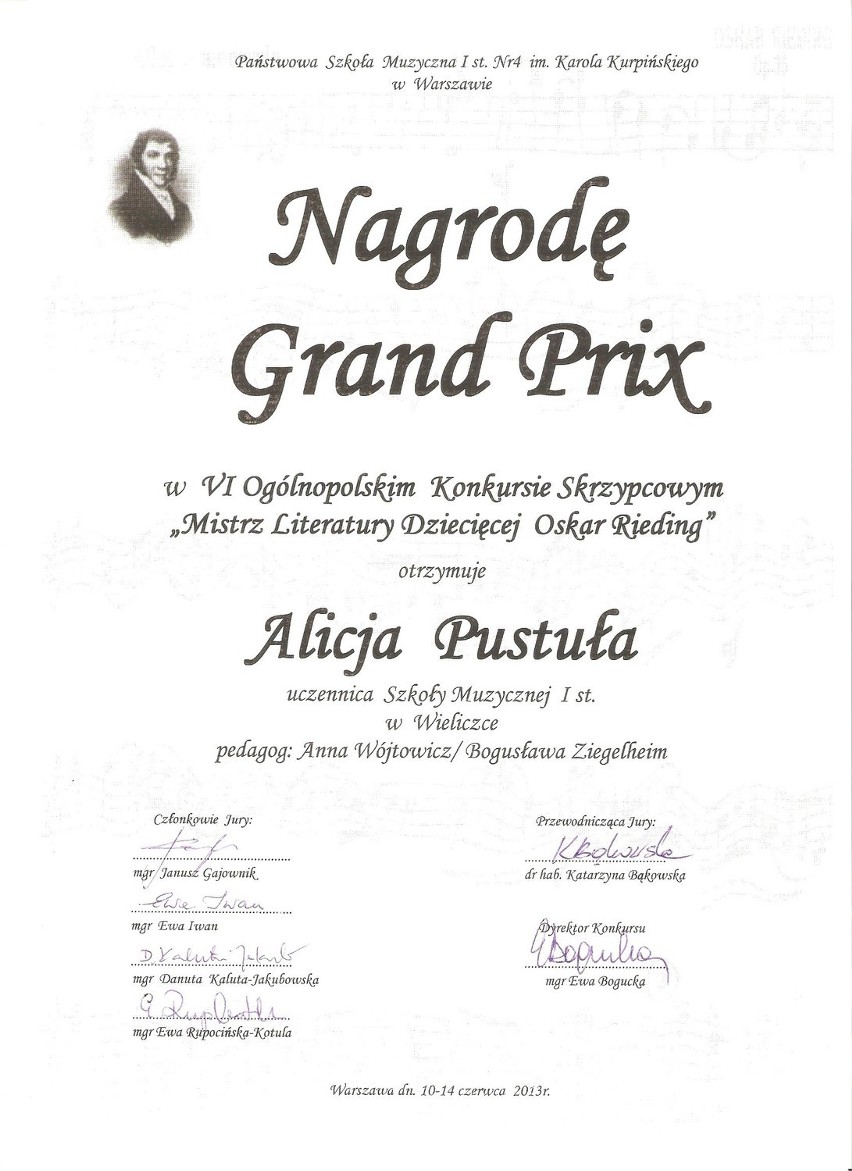 Alicja Pustuła zdobyła Grand Prix w VI Ogólnopolskim Konkursie Skrzypcowym