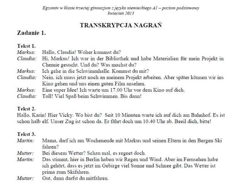 Język niemiecki - poziom podstawowy - transkrypcja