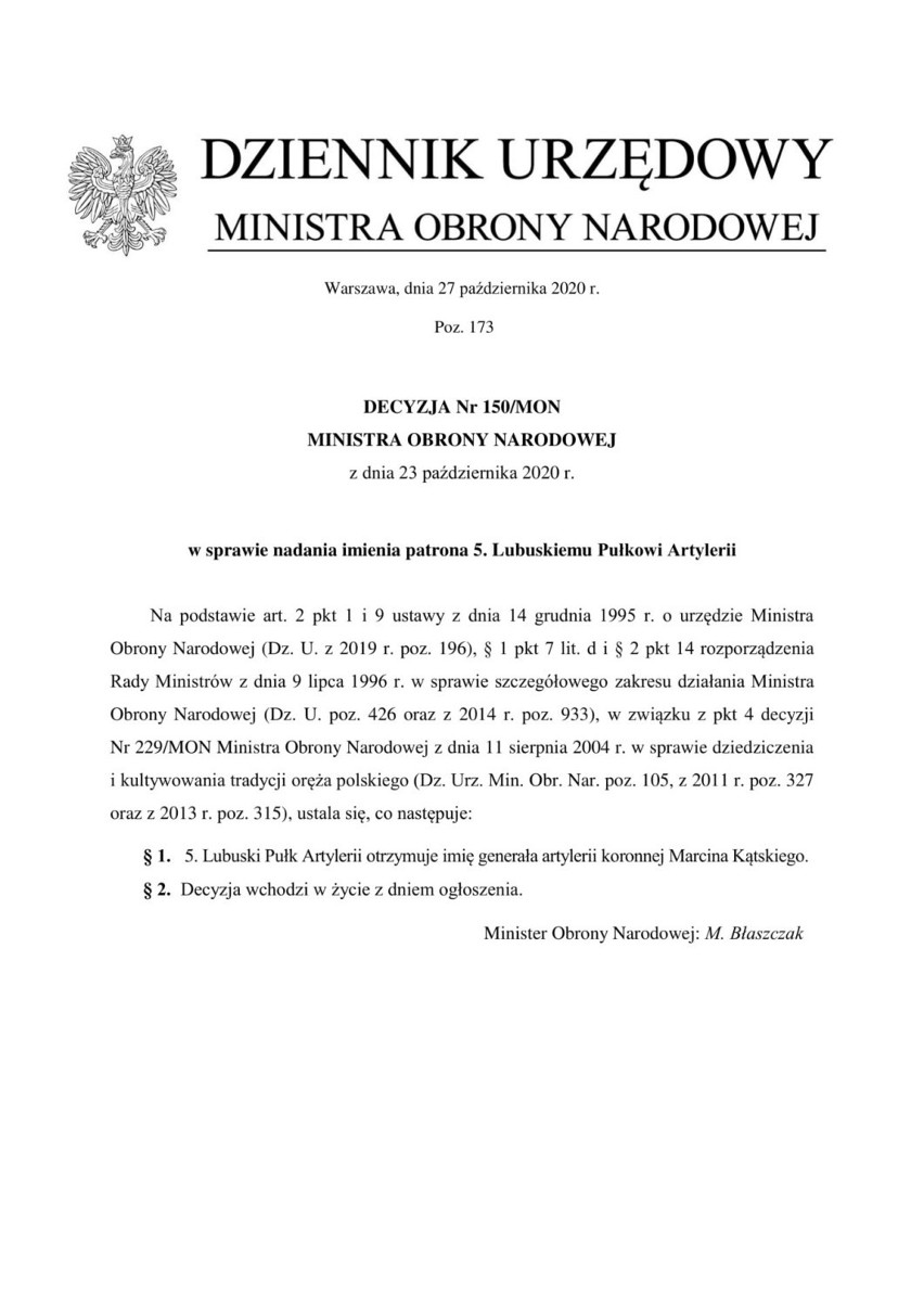 5. Lubuski pułk artylerii w Sulechowie decyzją ministra...