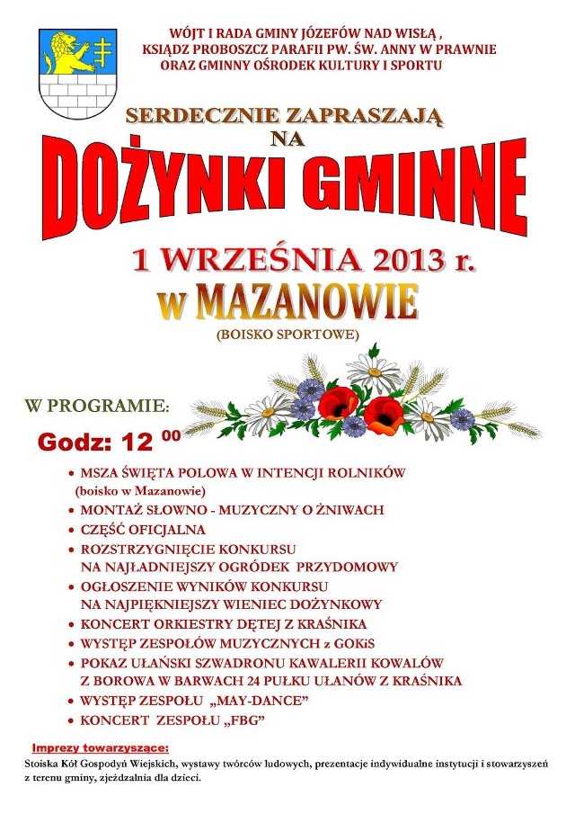 Gmina Józefów nad Wisłą zaprasza na Dożynki Gminne w Mazanowie.