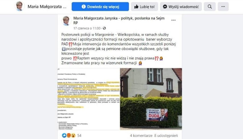 Margonin: Baner wyborczy przy komisariacie policji "powraca". Czy teraz też zostanie zdjęty?