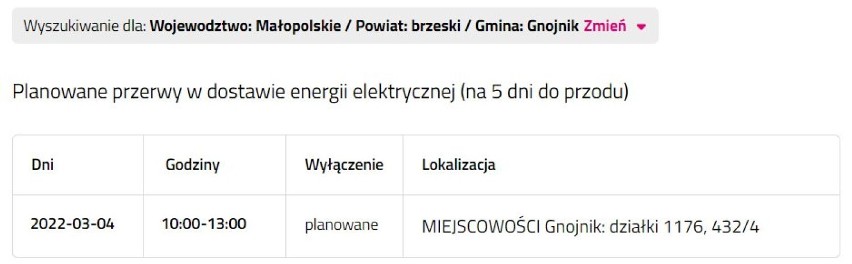 Wyłączenia prądu w powiecie bocheńskim, 28.02.2022