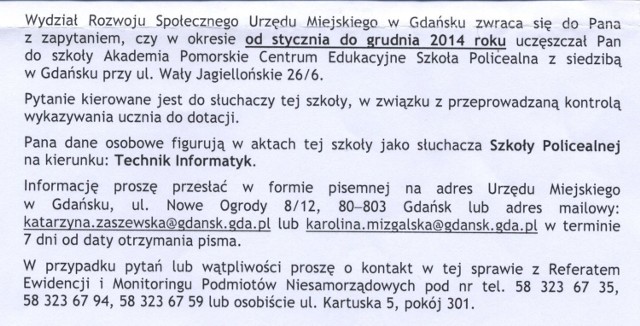 Fragment pisma  z Urzędu Miejskiego w Gdańsku