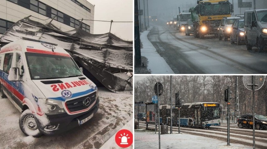 Kraków. Burza śnieżna nad miastem. Powalone drzewa, zerwane sieci, uszkodzony ambulans. Trudna sytuacja na drogach [ZDJĘCIA]