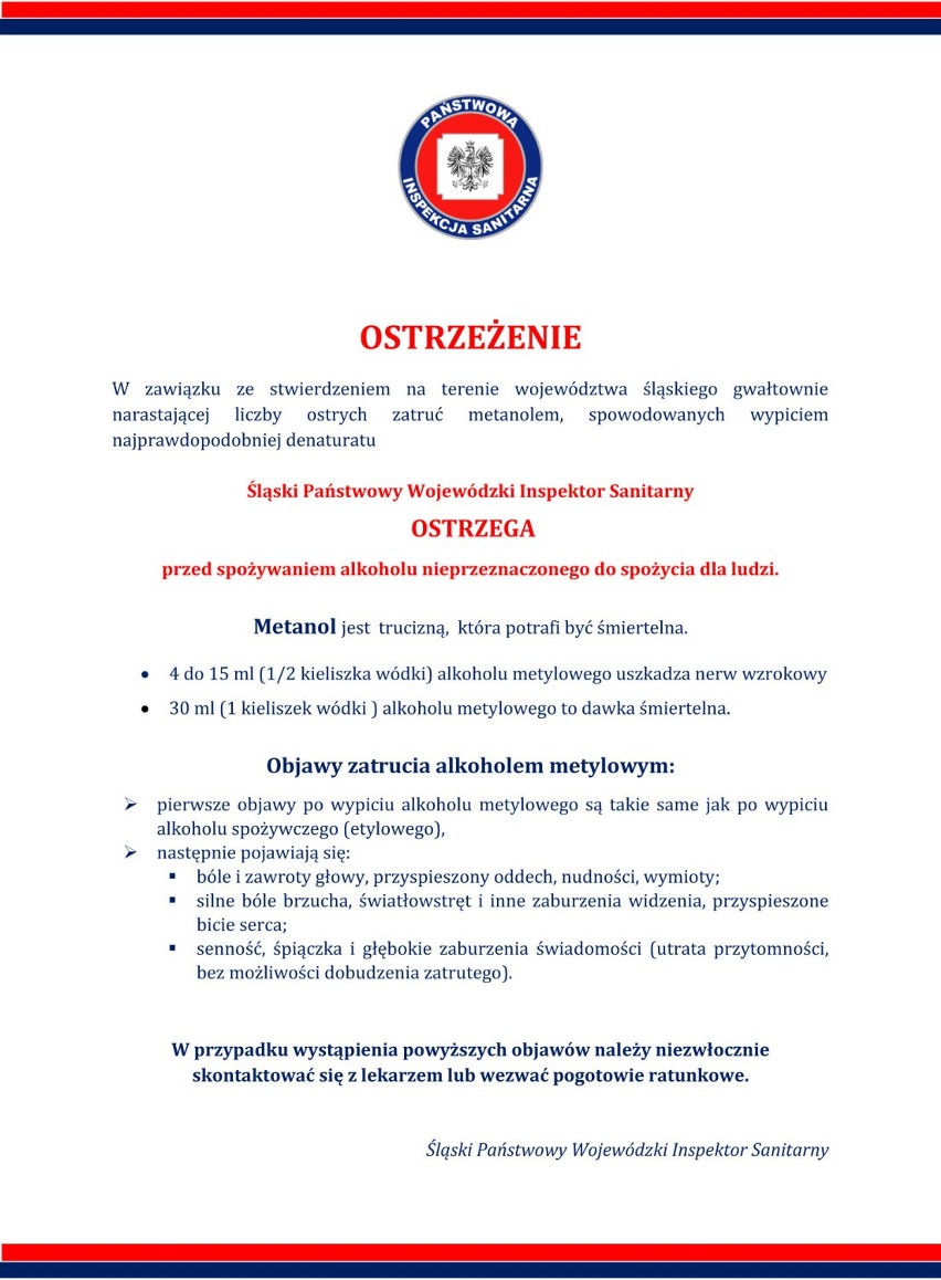 OSTRZEŻENIE! 16 osób nie żyje, po wypiciu metanolu w woj. śląskim. Trzy są w stanie krytycznym. Sanepid wycofał denaturat ze sprzedaży