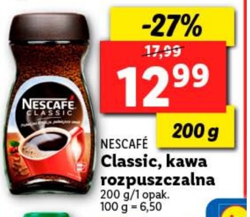 Lidl

Kawa rozpuszczalna Nescafe Classic, 200 g, 12,99 zł...