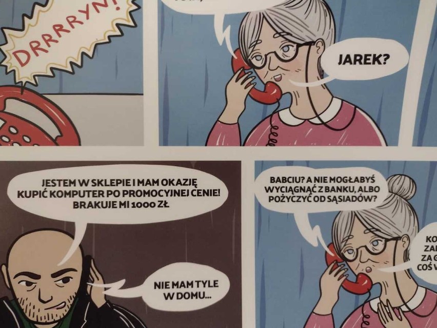 Komiks ostrzegający przed oszustwami przez telefon