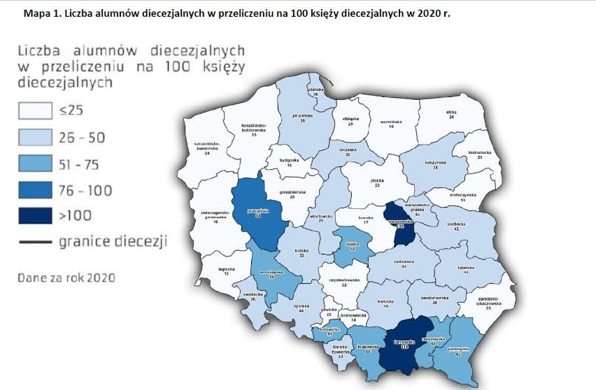 Liczba alumnów diecezjalnych w przeliczeniu na 100 księży...