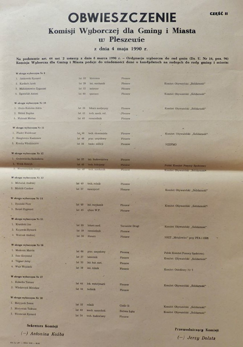 30 lat samorządności. Pamiętacie skład pierwszej Rady Miasta i Gminy Pleszew wybranej 27 maja 1990 roku?