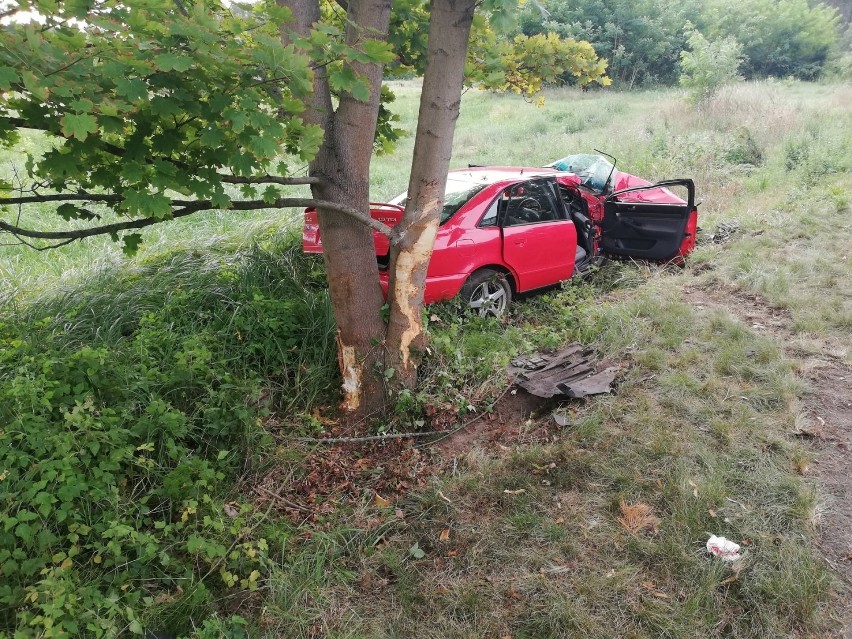 ŁOCHOWICE-STRUGA. Poważny wypadek. Audi wypadło z drogi, dwie osoby ranne. Na miejscu interweniował śmigłowiec LPR