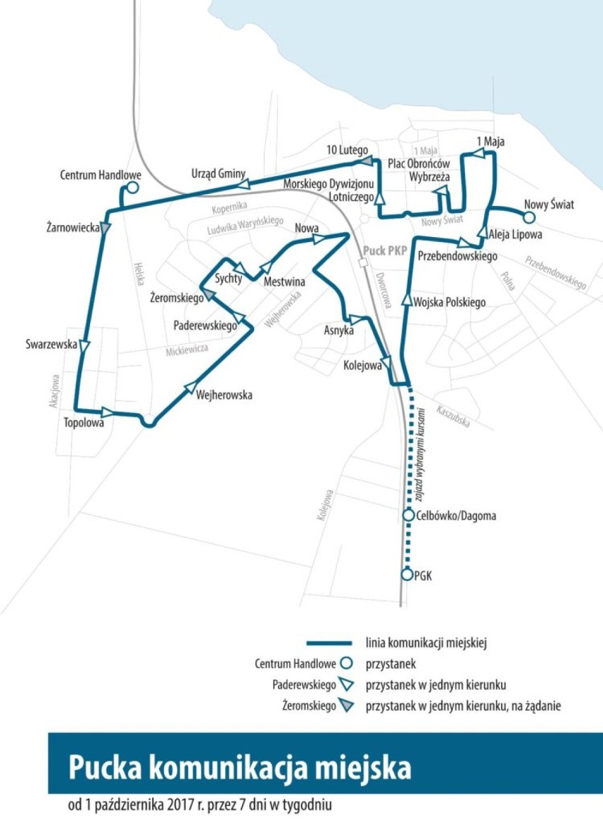 Komunikacja Miejska w Pucku - mapa kursu autobusu nr 1, Linia po Pucku