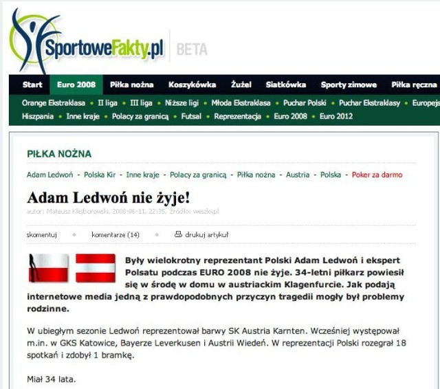 http://www.sportowefakty.pl/pilka/2008/06/11/adam-ledwon-nie-zyje/