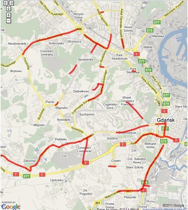 Kolorem czerwonym zaznaczono odcinki ulic, po których w porannym korku jedzie się do 20 km/h.