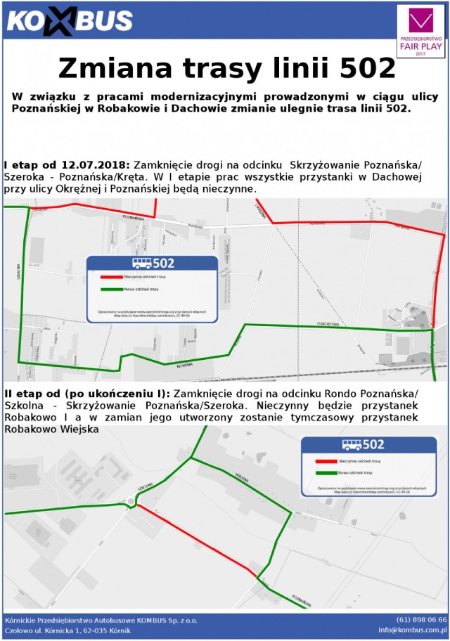 W związku z pracami modernizacyjnymi prowadzonymi w ciągu ulicy Poznańskiej w Robakowie i Dachowie zmianie ulegnie trasa linii 502 i 598.