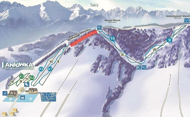 Na mapie czerwonym kolorem zaznaczyliśmy powstający właśnie „brakujący” wyciąg narciarski