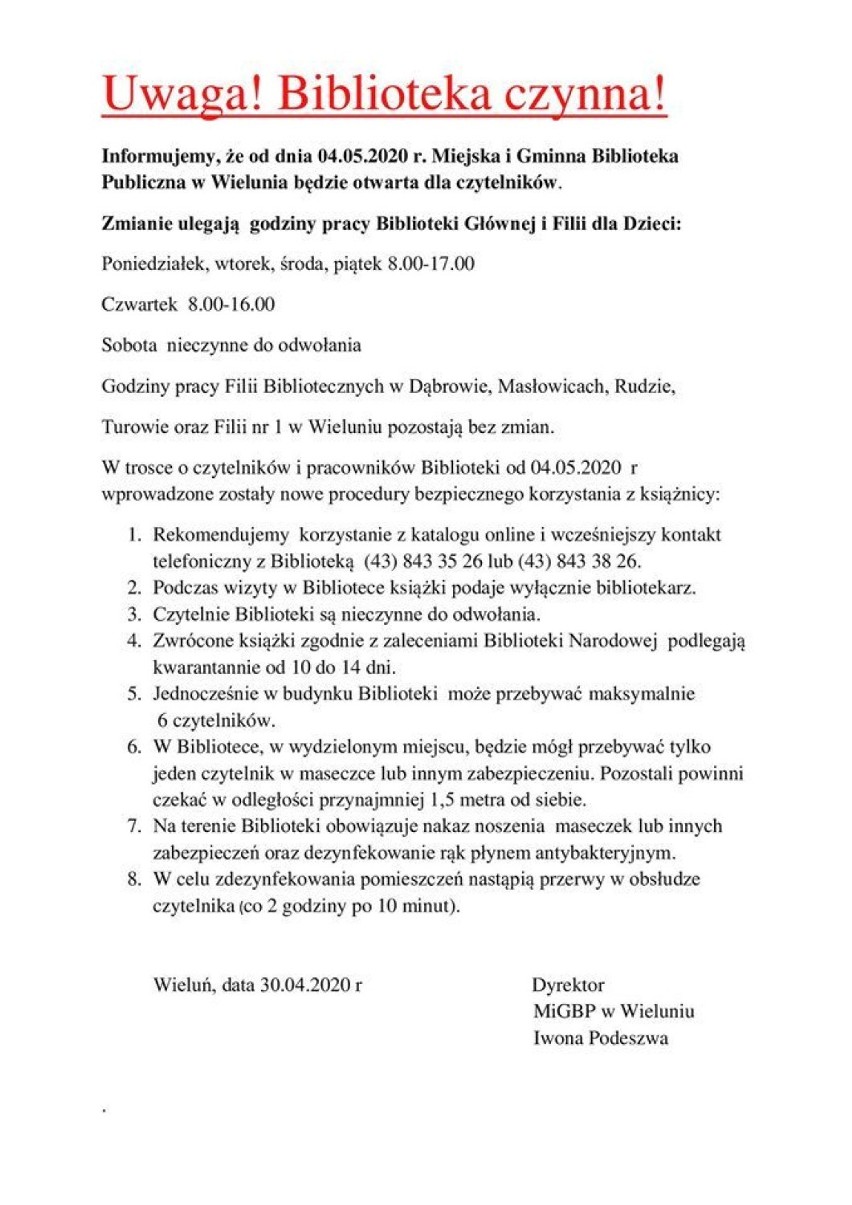 Komunikat dyrektora MiGBP w Wieluniu (kliknij na dokumencie, aby powiększyć)