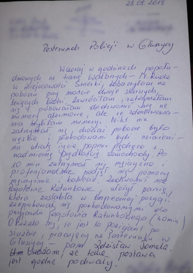 List od mieszkanki Nowej Rudy, która pochwaliła policjanta za uratowanie dwojga staruszków i opisem zdarzenia