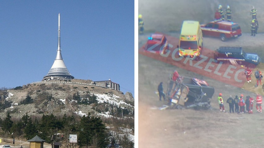 Poważny wypadek na czeskim Ještěd. Z wysokości spadł wagonik wiozący ludzi na szczyt. Jest ofiara śmiertelna [ZDJĘCIA, FILM]
