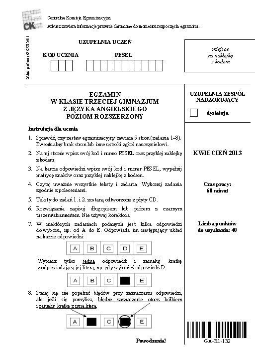 Egzamin gimnazjalny 2013. Język angielski rozszerzony [ARKUSZE, TESTY, ODPOWIEDZI]