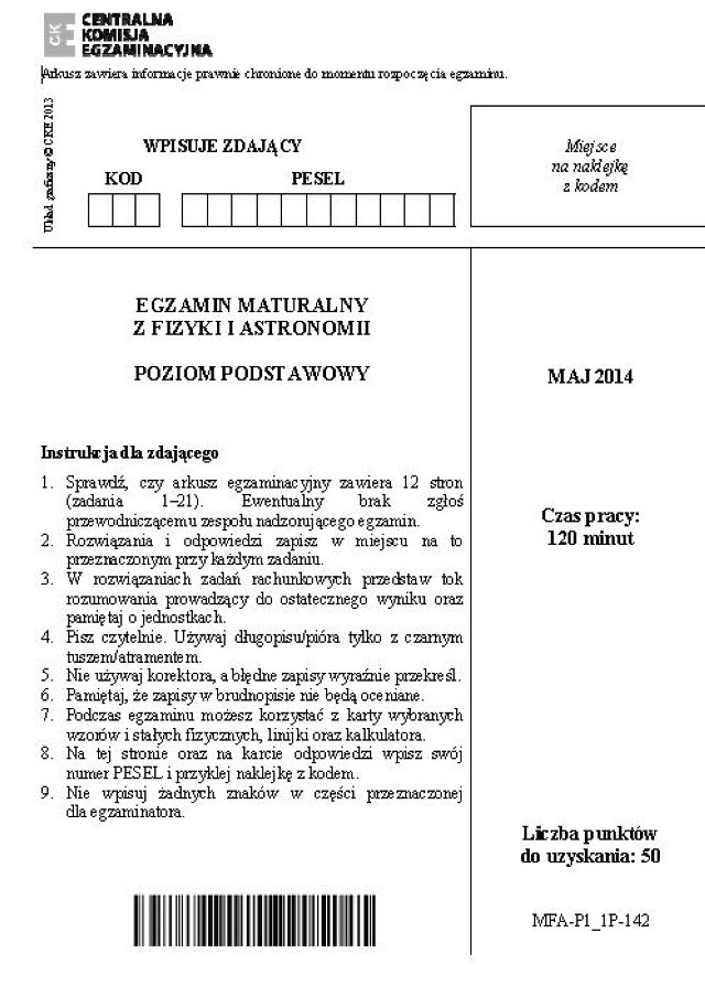 Matura 2014. Fizyka i astronomia poziom podstawowy