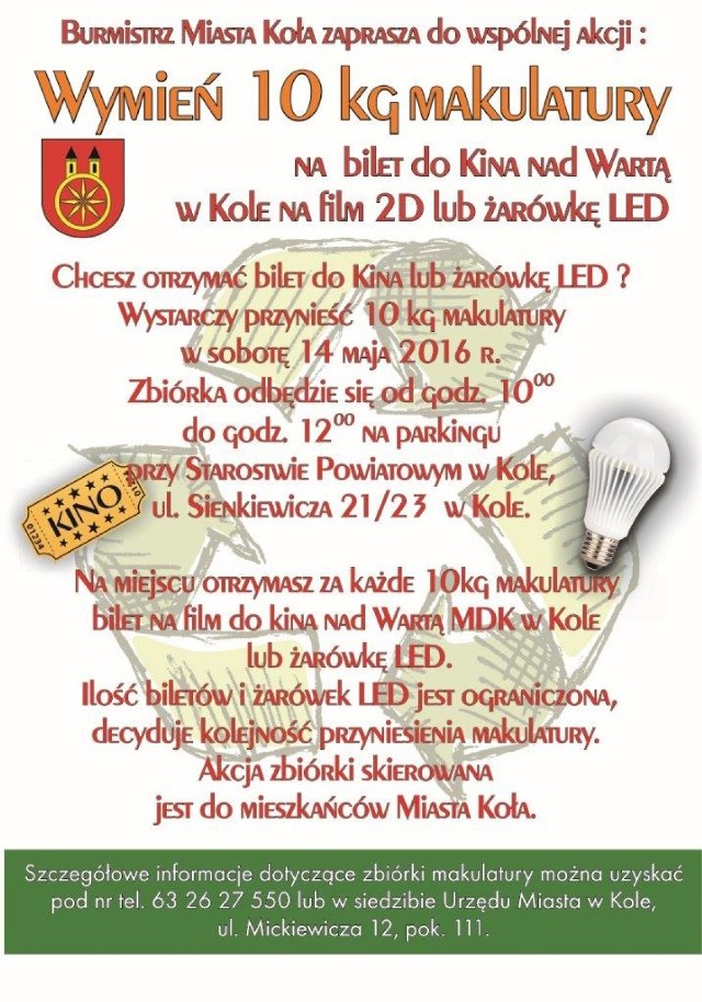 Bilet do kina lub żarówka LED za makulaturę