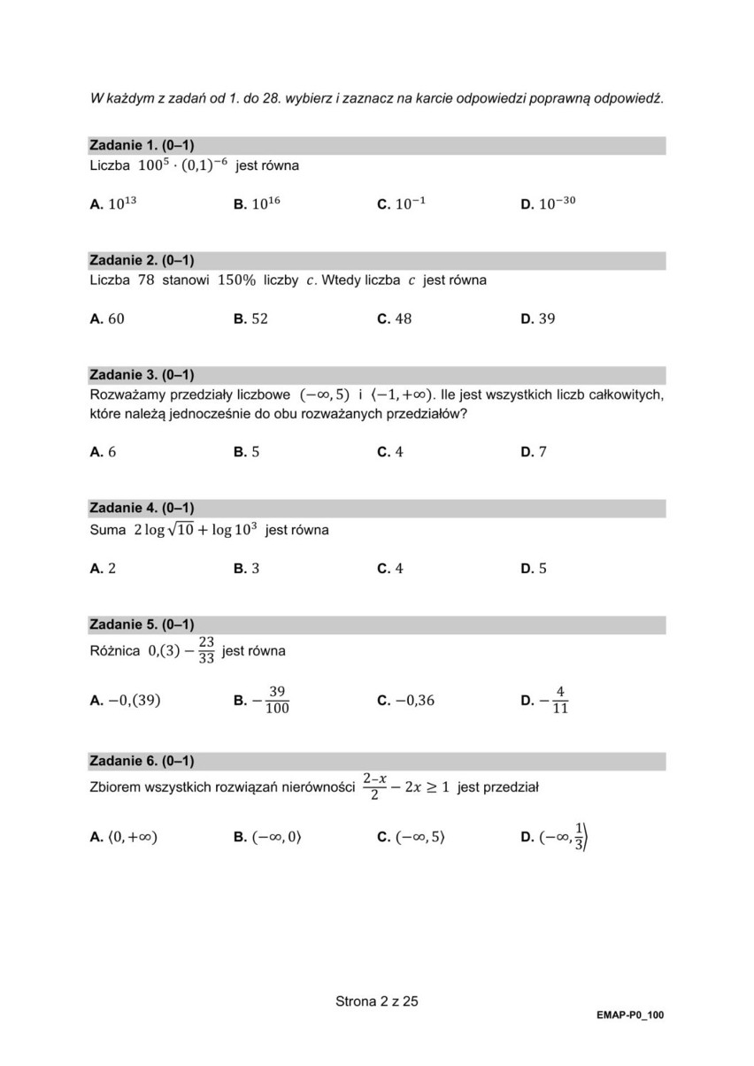 Matura z matematyki p. podstawowy. Arkusz zadań