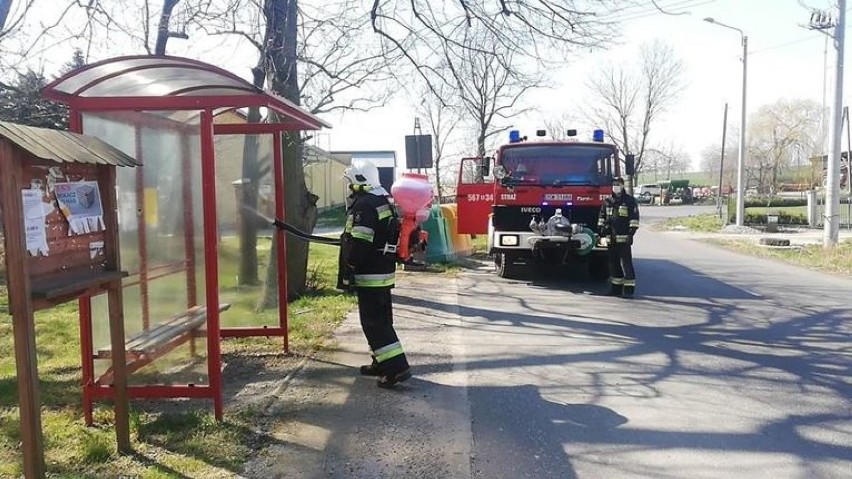 Strażacy i Spółdzielnia Socjalna dezynfekują przystanki w gminie