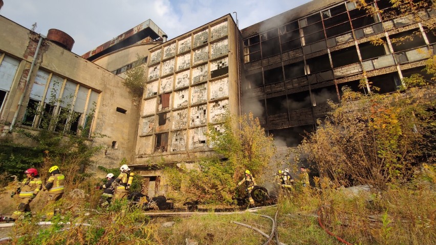 Groźny pożar na terenie dawnej huty Kara w Piotrkowie