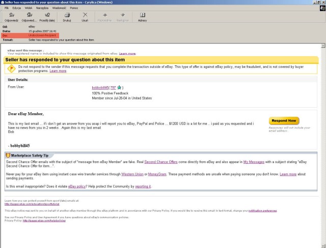 Otrzymany email z przypomnieniem o konieczności zapłaty za zakupiony towar i groźbą powiadomienia policji, serwisu aukcyjnego i obsługującego płatności. Na czerwono zaznaczyłem odbiorcę wiadomości: Undisclosed-Recipient. Prawdopodobnie email został wysłan