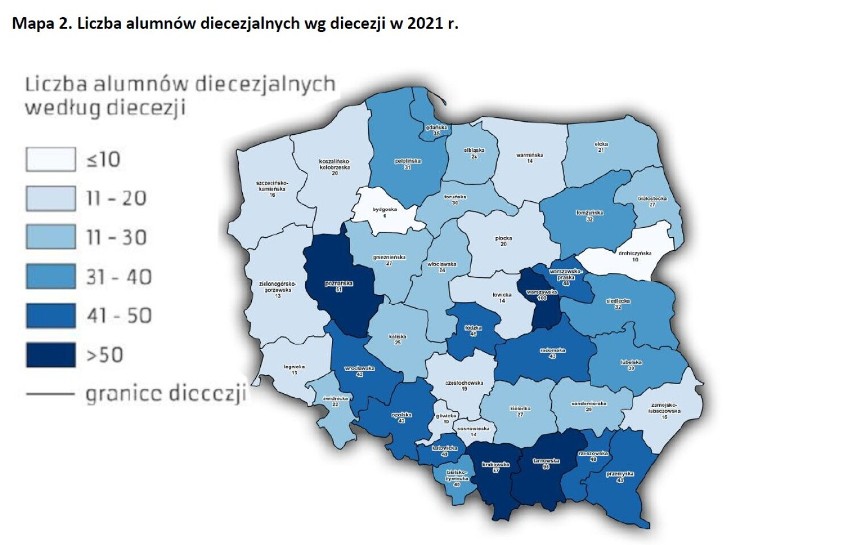 Liczba alumnów diecezjalnych wg diecezji w 2021 roku