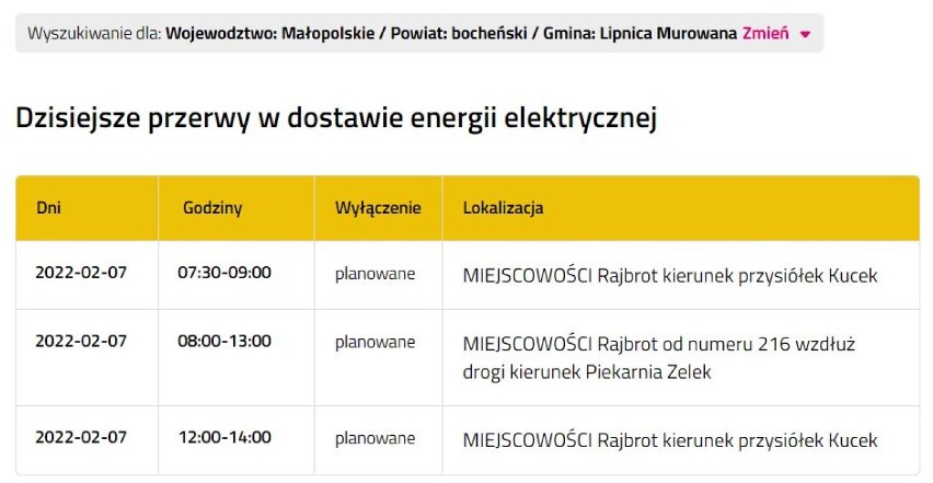 Wyłączenia prądu w powiecie bocheńskim i brzeskim, 7.02.2022