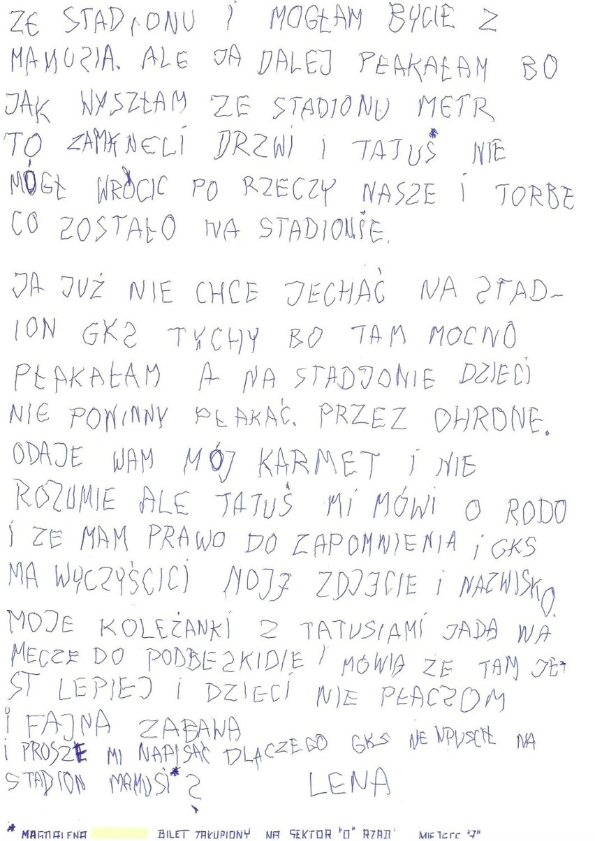 List Lenki z Goczałkowic do Tyskiego Sportu