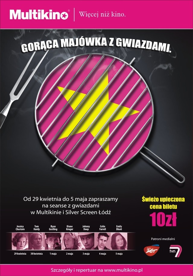 MAJÓWKA Z GWIAZDAM
 Każdego dnia, od 29 kwietnia do 5 maja, do stałego repertuaruw Multikinie będą dołączane seanse z wybraną gwiazdą filmową hollywoodzką. Bilety na majówkowe filmy kosztują  10 zł. 
Majówkę rozpoczną dwa filmy z nagrodzoną Oscarem w 2012 i 2013 roku Jessicą Chastain: &#8222;Gangster&#8221; oraz &#8222;Mama&#8221;. Do wtorkowego repertuaru dołączy &#8222;Mroczny rycerz powstaje&#8221; oraz &#8222;Szpieg&#8221; z Tomym Hardym. Na środę zaplanowane są dwie produkcje z Ryanem Goslingiem: &#8222;Drive&#8221; oraz &#8222;Kocha, lubi, szanuje&#8221;. W czwartek &#8222;Terytorium wroga&#8221; oraz &#8222;Wyszłam za mąż zaraz wracam&#8221; z Diane Kruger.  Piątek, 3 maja, będzie spotkaniem z Johnym Deppem w produkcjach: &#8222;Mroczne cienie&#8221; oraz &#8222;Dziennik zakrapiany rumem&#8221;. 4 maja będą dwie komedie z Colinem Farrellem: &#8222;Szefowie wrogowie&#8221; oraz  &#8222;7 psychopatów&#8221;. 
W ostatni dzień majówkowego tygodnia będzie można zobaczyć Emily Blunt  w filmach &#8222;Looper &#8211; pętla czasu&#8221; oraz &#8222;Połów szczęścia w Jemenie"